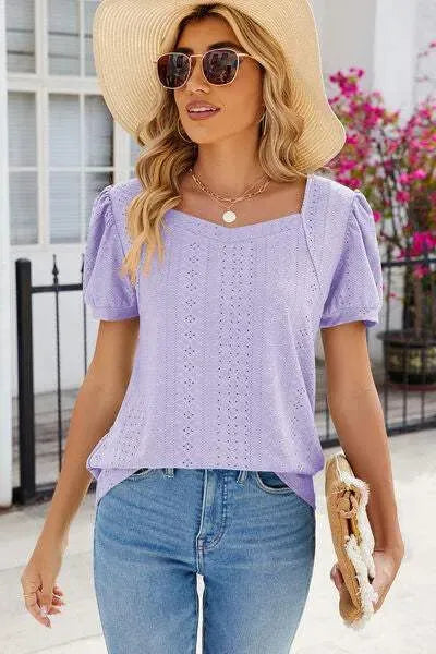 Eyelet Puff Sleeve T-Shirt Lavender Women's T-Shirts - Tophatter Daily Deals